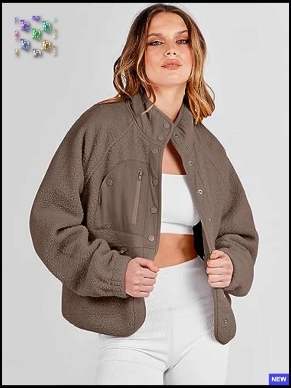 Fuzzy Fleece Jacket Cropped Sherpa Button Down Shacket Coats Outwear With - Picture 2 of 7